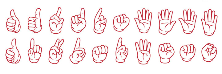Fototapeta premium Mega set of Cartoon comic hands gestures with different signs and symbols, doodle-style human arms showing various poses, perfect for comic illustrations, educational graphics, social media design
