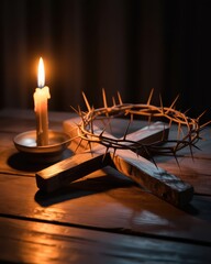 Crown of thorns wooden cross and candle light on rustic table symbol of passion sacrifice and Christian Easter reflection