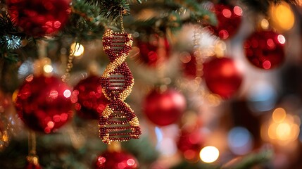 Close-up of Christmas tree with red ornaments and a DNA-shaped decoration