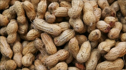 Fototapeta premium Peanuts in their natural, rough shells lie scattered together, showcasing a blend of earthy tones. This simple yet charming display invites exploration and enjoyment in culinary delights
