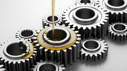Closeup of oil being poured onto a central gear among multiple metallic gears