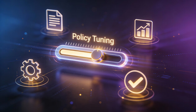 3d cinematic digital illustration of a glowing policy tuning slider bar with floating icons for data analytics document management gear process and verified quality check mark - Powered by Adobe
