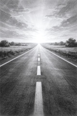 Pencil Sketch of Long Empty Road Leading to Horizon, Journey and Future Concept