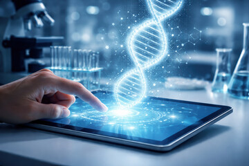 Dna tablet hand lab genetics hologram: dna hologram projected above tablet with hand to interact in laboratory setting conveying futuristic genetics research data analysis and