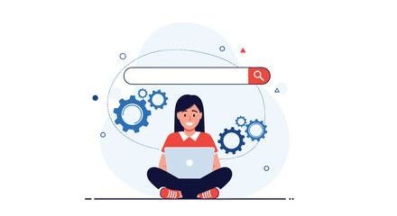 Young woman sitting cross legged with a laptop under a digital search bar surrounded by blue and red gear icons.