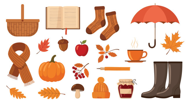Autumn season collection featuring pumpkins leaves warm socks tea jam boots and other fall elements on white background.