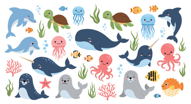 Large set of cute cartoon sea animals including whales dolphins seals turtles jellyfish and colorful fish in ocean.