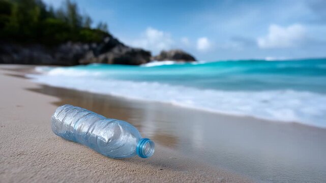Empty plastic bottles on the beach,"Plastic pollution, beach cleanup, environmental issue, ocean waste, marine debris, coastal pollution, littering, single-use  4k