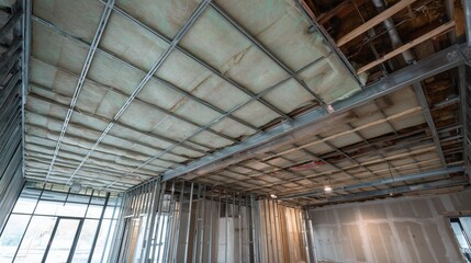 Interior construction scene showcasing exposed metal framing and insulation materials in a modern space under development.