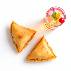 A delicious samosa and a refreshing drink on a white background