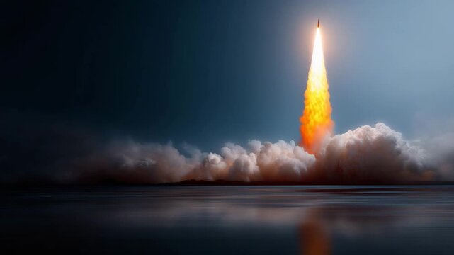 Powerful space rocket launching vertically from a coastal spaceport, captured at the exact moment of liftoff. Massive engines ignite with intense orange and white  4K