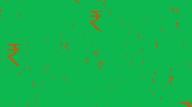 Orange Indian Rupee symbols scattered on a bright green background currency money