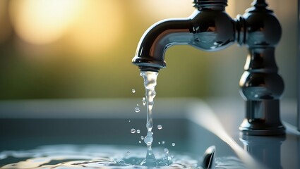 Chrome Faucet Pouring Water with Splashes in Slow Motion