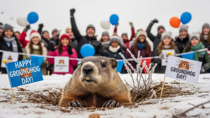 Groundhog emerges from burrow on a cold winter day as crowd celebrates with signs and balloons
