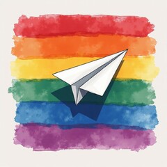 Rainbow Watercolor Background with Paper Airplane, Pride Concept