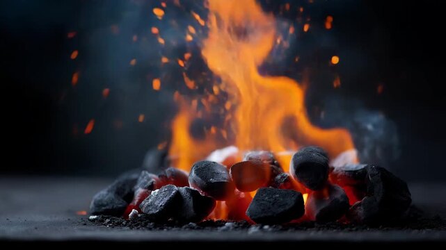 barbecue scene showing glowing charcoal briquettes arranged in a dense layer across the lower part of the frame, intensely heated and partially cover 