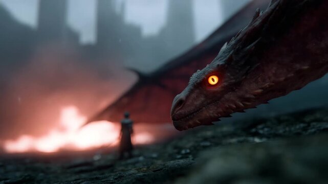 epic fantasy battle scene depicting a knight fighting a massive dragon in a dramatic, cinematic composition. The dragon dominates the upper frame with enormou 4k