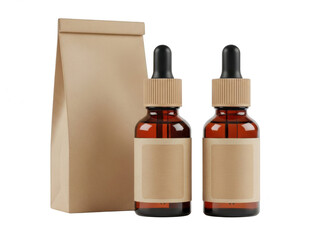 Two essential oil bottles with droppers isolated on transparent background
