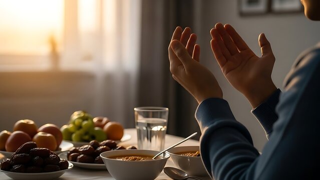 Ramadan iftarTable Setting with Praying Hands