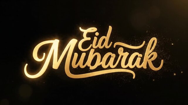Golden shimmering script spelling out a festive greeting set against a dark background with sparkling dust