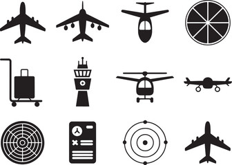 Aviation and Airport Travel Symbol Silhouette Set Icon Bundle Set Line art