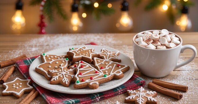 Gem&uuml;tliche Weihnachtsbackszene mit Lebkuchenpl&auml;tzchen und hei&szlig;er Schokolade