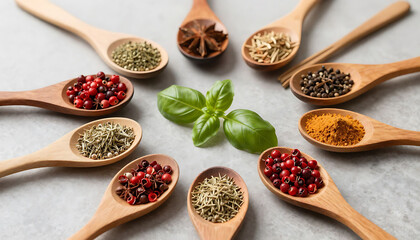 Wooden spoons with various spices and herbs on gray surface