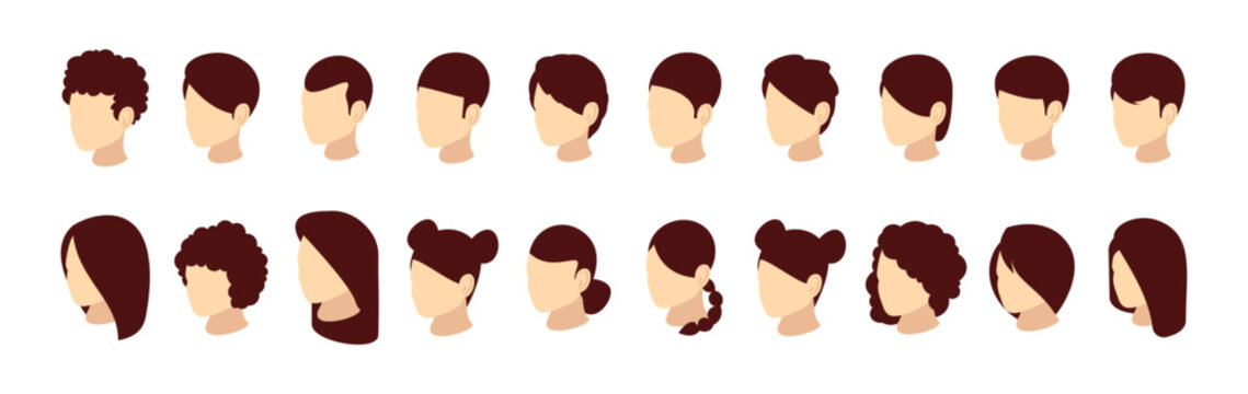 Child boy and girl isometric head constructor, front view. Vector isolated personage creating set. Male grooming and trendy female hairstyles kit. Faceless characters and avatars collection