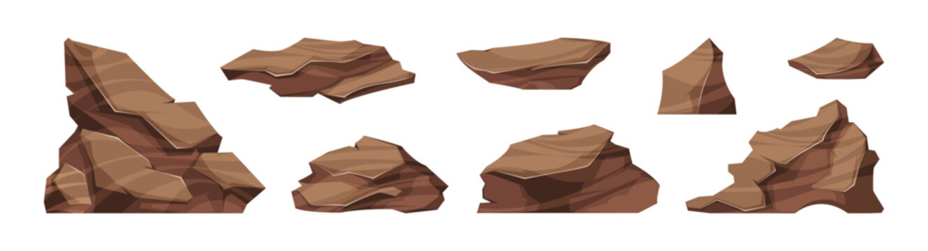 Rough and jagged stones set. Vector isolated cartoon collection of graphite boulders. Solid, naturally occurring substances. Gravels debris of rubble blocks of various shapes, granite pebbles