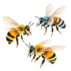 Three colorful bees flying in a circular motion together