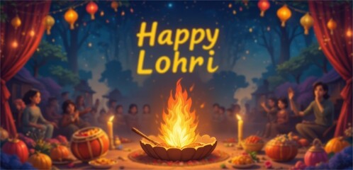 Vibrant Lohri celebration around a glowing central bonfire with a joyful community of families and friends, traditional drums, lanterns, festive snacks, and a starry winter night sky