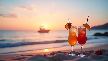 Summer Evening Cocktails on Sandy Beach at Sunset