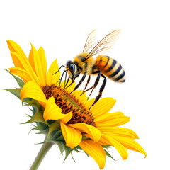 A bee collecting pollen from a bright yellow sunflower