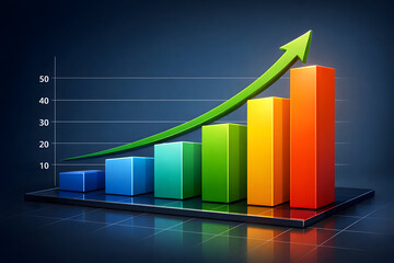 Business Chart Rising: An eye-catching business chart is a visual representation of progress, indicating growth and success through vibrant, upward-trending bars, which create a powerful.