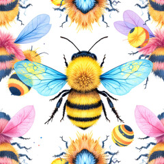 A colorful illustration of a bee surrounded by other bees on a white background