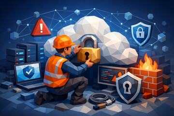 Cybersecurity Guardian: A diligent worker fortifies cloud data, illustrating a strong commitment to protection and the safeguarding of vital digital assets.