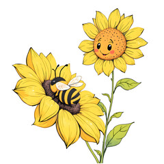 A cartoon bee collecting nectar from a bright yellow sunflower
