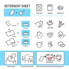 Laundry detergent sheets set icons. Set for package, shows user instruction. The outline icons are well scalable and editable. Contrasting vector elements are good for different backgrounds. EPS10.