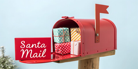 Santa's mailbox on blue background with copy space. Red mailbox with letters and Christmas gifts. 3D Rendering, 3D Illustration	