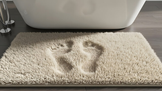 Bath Mat with Footprints: A soft, textured bath mat displays clear footprints near a pristine bathtub, inviting relaxation and comfort.
