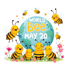 A colorful illustration of happy bees surrounding the globe on World Bee Day