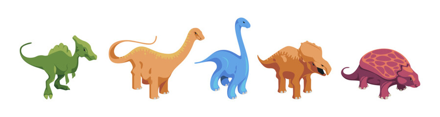 Extinct animals from prehistoric period, isolated set of dinosaurs. Vector dino triceratops and stegosaurus, Jurassic creatures and species with wings, fins and claws. Isometric land wild reptile