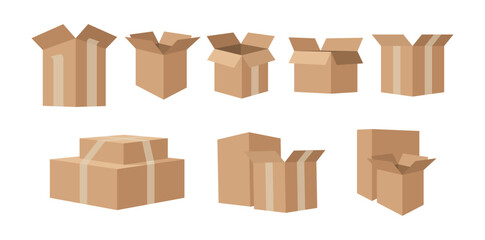 Cardboard box mockup set from side view, open and closed. Vector isolated parcels collection with tapes, packaging template for delivery and distribution company. Courier express moving