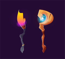 Set of magic staff, wands or walk sticks with glow gems and crystals. Vector cartoon magician or warlock weapon rods for sorcerers spell or battle, mystical assets for fantasy game mages and wizards