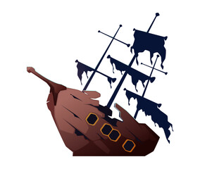 Broken old sunken ship, isolated cartoon corsair vessel. Vector wooden battered pirate craft with tattered flag and sails after attack. Destroyed freighter. Submerged or ocean floor wreck