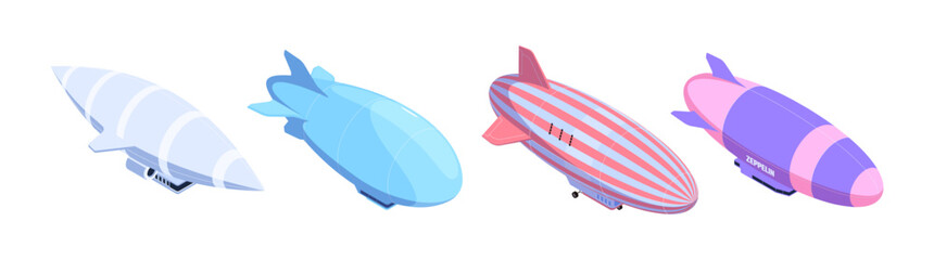 Airships and mobile hot air balloons with cabins and baskets. Vector vintage air transport, aviation vehicles. Vintage conveyances with propeller, zeppelins or dirigibles collection