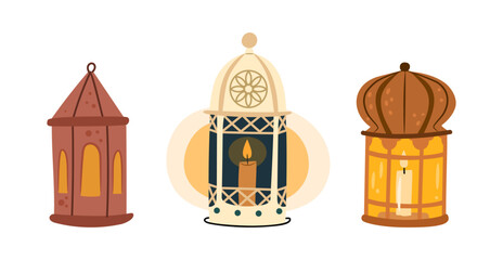 Outdoor and indoor lanterns with candles, isolated eastern fanoos with light. Vector Ramadan month decoration, muslim seasonal celebration. Islamic festive decorative items collection