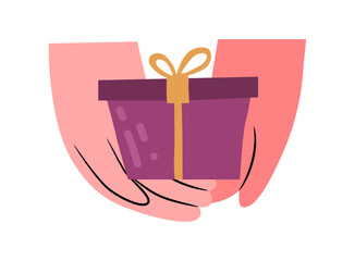 Hand holding present wrapped in decorative paper. Vector in flat style, isolated personage with gift for special occasion, birthday or anniversary, new year or christmas tradition of celebrating