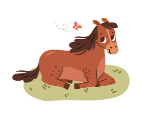 Cute horse laying on meadow, isolated domesticated creature or pet with spots. Vector stallion with smiling muzzle expression, pony resting on field. Cartoon character with long mane