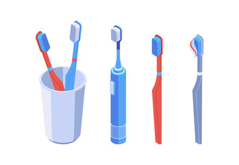 Toothbrushes with thin and thick bristles. Vector isolated electric gadgets help cleaning teeth and reduce cavities risk. Set of modern brushes for healthy smile and hygiene. Dental care